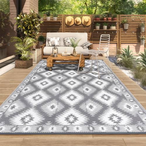 SHACOS Outdoor Teppich Wetterfest 240x300 cm, Wendbarer Balkon Camping Teppich, Kunststoff Stroh Terrasse Matte UV-beständig Picknickdecke für Patio Garten Picknick BBQ, Grau