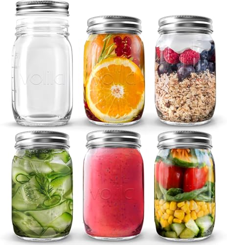 Mason Jar mit Deckeln - 490 ml Mehrzweck-Einmachgläser für Overnight Oats, Einlegen, Einmachen, Konservieren und Mahlzeitenvorbereitung - Luftdichte Einweckgläser (6er Pack - Normaler Deckel)