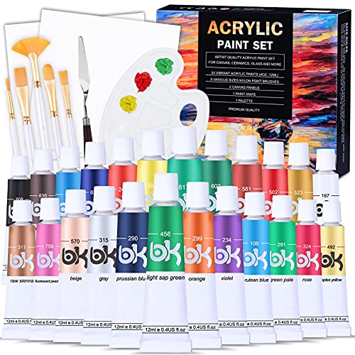 Aottom 33 Stück Leinwand Acrylfarben Set, 24 *Tube Acrylfarben mit 5 *Pinselset +2*Leinwand +1*Mischpalette +1*Mischmesser Acryl Farben für Steine,Papier,Holz, für Künstler,Anfänger