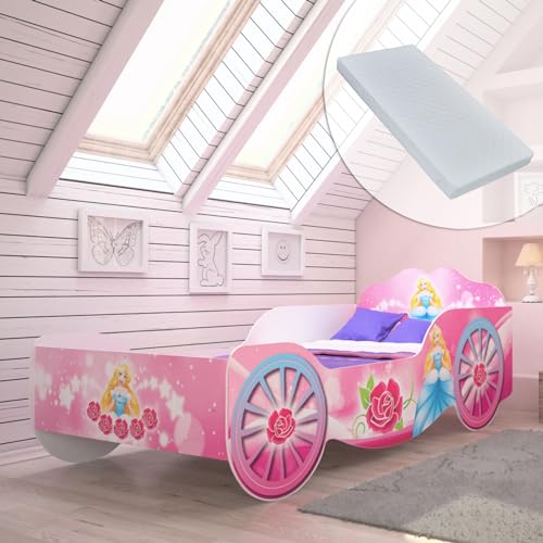 Kids Collective Kutsche Kinderbett Mädchenbett 80x160 | 70x140 mit Rausfallschutz und Matratze | Prinzessin Kinder Spielbett 80x160 cm | von 3. bis 10. Lebensjahr