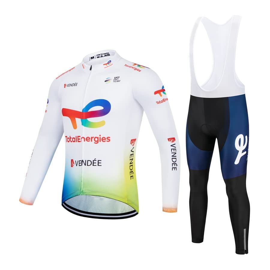 SGCIKER 2022 Team Totalenergies Winter-Thermo-Fleece-Radtrikot-Set, Langarm-Wärmer für Herren, Fahrradhemd, MTB-Fahrradbekleidung, Trägerhose, 9D-Gelpolster (XL)