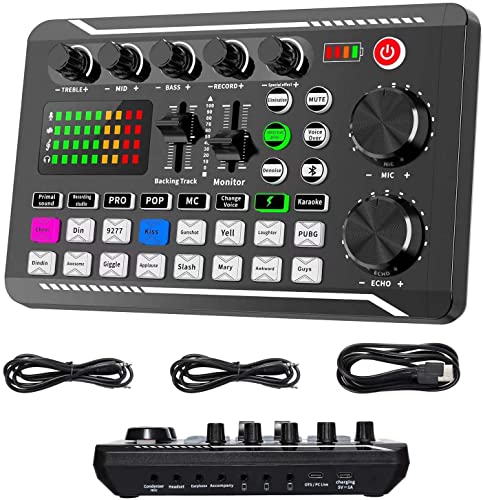 Live-Soundkarte und Audio-Interface mit DJ-Mixer-Effekten und Sprach-Wechsler, F998 Bluetooth Stereo Audio Mixer, für Live YouTube Streaming, PC, Aufnahmestudio und Gaming