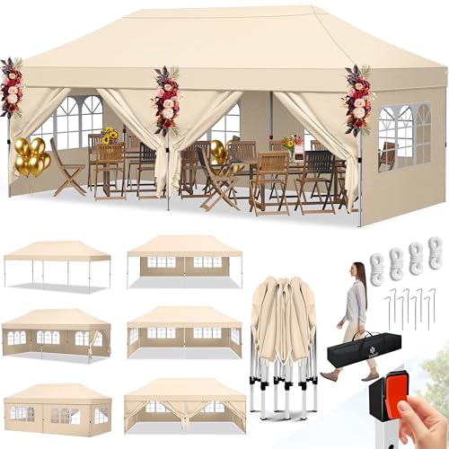 KESSER® Pavillon Faltpavillon 6x3m Festzelt mit 6 abnehmbaren Seitenwänden | Gartenzelt Höhenverstellbar & Wasserdicht + Tasche Bodenanker | Pop-Up Klicksystem UV-Schutz 50+ Partyzelt Beige