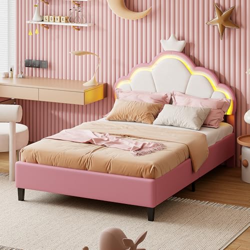Henunem Kinderbett Polsterbett 90x200 mit LED, Bettgestell für Mädchen, mit Verstellbares Kopfteil, Bettgestell mit EIN Kopfteil in Form Einer Krone und Lattenrost, PU, ohne Matratze (Rosa-3-1)