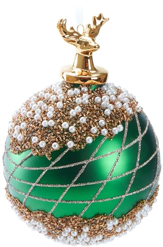 BRUBAKER Premium Weihnachtskugel Grün mit Hirsch Figur Gold - Hand dekorierte Baumkugel aus Glas - 10 cm Christbaumschmuck mit Perlen Dekorationen und Glitzer - Weihnachtsdeko Christbaumkugel