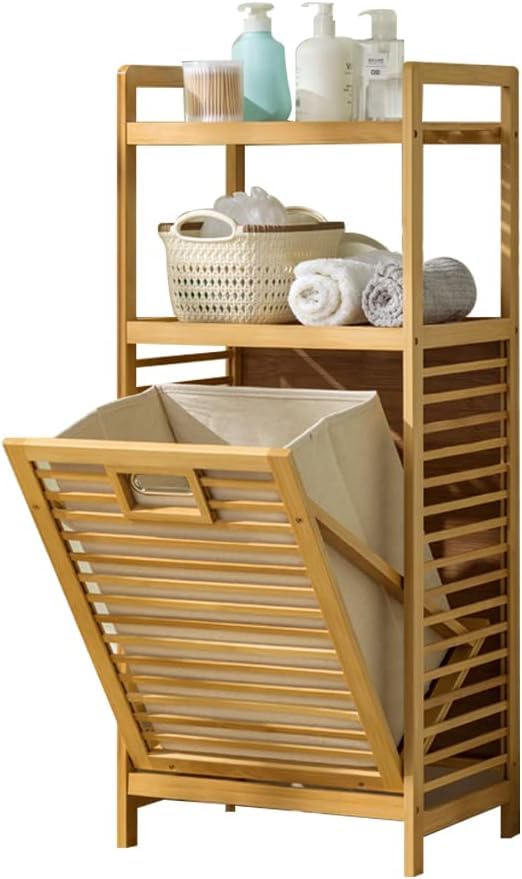 Bambus Badregal mit Ausklappbarem Wäschesammler 95x40x30 cm – Wäscheschrank & Aufbewahrungsmöbel Natur für Badezimmer