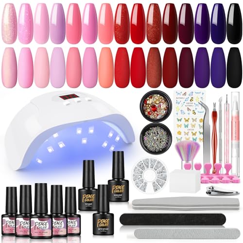 PEACECOLOR Gel Nägel Starterset mit UV Lampe,18pcs UV Nagellack Set 36W Gel Nagellack Set mit Base und Top Matte Coat Gelnägel Set für Nagelkunst zu Hause
