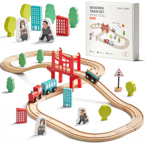 Tiny Land 39 Pcs Holzeisenbahn und Züge Pack Eisenbahn Anfängerset Kompatibel mit Thomas Passend für Eichhorn Zugset Kleinkinderspielzeug empfohlen ab 3 Jahren