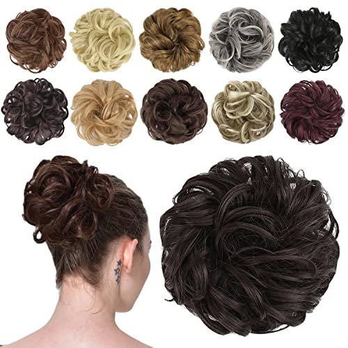 FESHFEN Haarteil Mit Gummiband, Dutt Haarteil Haargummi Mit Haaren Gelockt Haardutt Synthetisch Haar Haarverlängerung Pferdeschwanz Haarteile für Damen Mädchen, Dunkelbraun 42g
