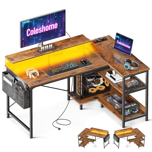 Coleshome Gaming Tisch L Form mit LED&Steckdosen, 120x80cm Eckschreibtisch mit Regal Reversibler Schreibtisch L Form mit Monitorständer Ecktisch für Büro Arbeitszimmer, Braun
