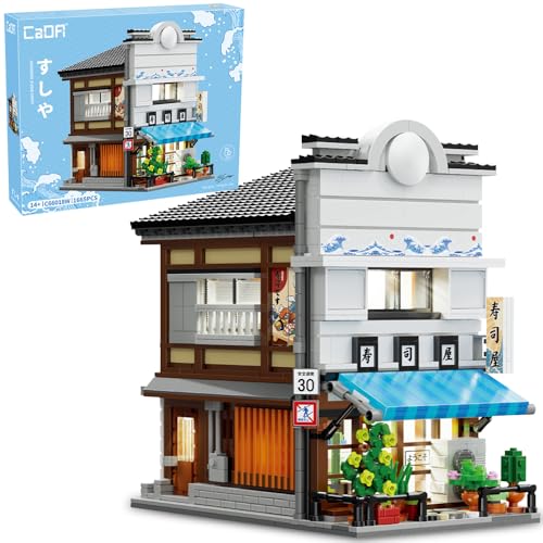 CaDA C66018W Japanische Sushi Haus Klemmbausteine Technik, Japan Stadtstraßen Serien Häuser Baustein Set, 1665 Teile Modular Buildings für Erwachsene und Jugendliche