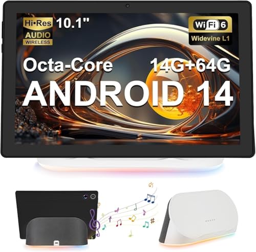Whitedeer Tablet 10 Zoll Android 14 Octa-Core Tablet mit Ladedock Lautsprecher, 14GB RAM+64GB ROM, AI Cloud Album& 8 Typen von Weißem Rauschen, 1280x800 HD, 5MP+8MP Kamera, Wi-Fi 6&BT 5.3(Schwarz)