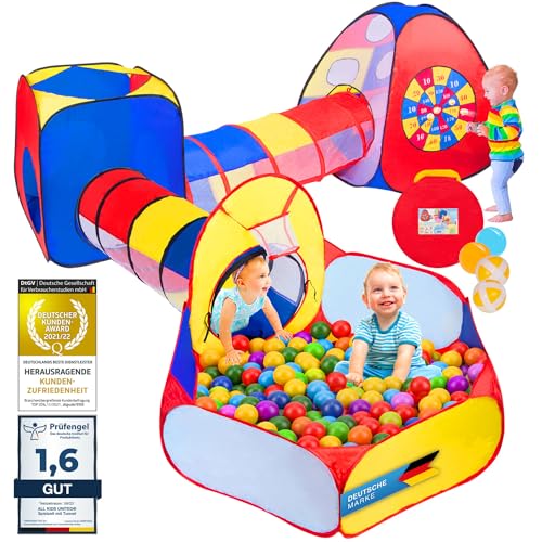 all Kids United® Spielzelt mit Tunnel, Bällebad, Krabbel-Tunnel & mehr (ohne Bälle) XXL Spielland 5-teiliges Pop-Up Spiel-Haus mit Tasche