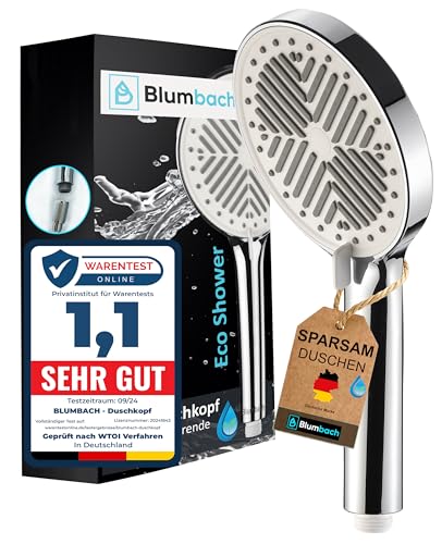 BLUMBACH® Duschkopf wassersparend - Eco Shower, wassersparender Duschkopf mit 3 Strahlarten, 6-9 l/min, Sparduschkopf, Shower Head, Handbrause Dusche, Duschbrause sparsam, Testsieger Brausekopf groß