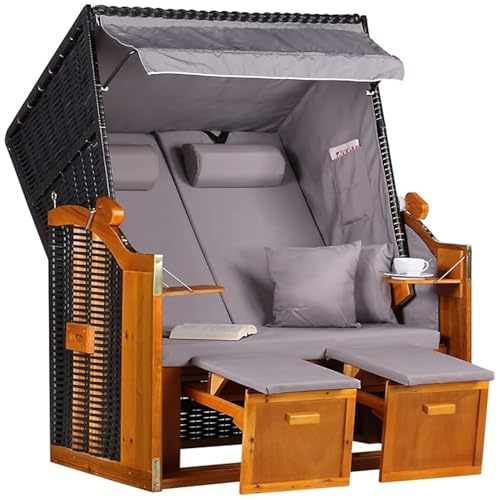 MR. DEKO® Strandkorb Ostsee Volllieger 2-Sitzer | PE Geflecht Schwarz Bezug Uni grau | inkl. 4 Kissen & Klapptisch | Strandstuhl verstellbar | Strandkörbe aus Hartholz mit Fußablage (Dessin Uni Grau)