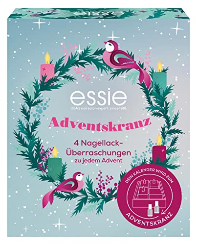 essie Adventskranz 2022 für Nagellack Liebhaber, Mini Weihnachtskalender hinter 4 Türchen, Beauty Adventskalender, Überraschungen zur Maniküre und Nagelpflege, 4 Artikel für Makeup- und Kosmetik-Fans