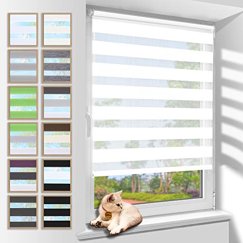 Zarnan Doppelrollo Klemmfix ohne Bohren Weiß 80x110cm(Stoffbreite 76cm) Duo Rollo Blickdicht Zebrarollo Rollos für Fenster ohne Bohren für Wohnzimmer Küche Büro lichtdurchlässig und verdunkelnd