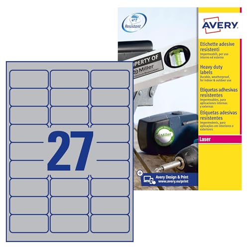 AVERY Zweckform L6011-8 Typenschild Folienetiketten (216 Aufkleber, 63,5x29,6mm auf A4, stark selbstklebend, strapazierfähig, wetterfest, bedruckbare Klebefolie, blanko) 8 Blatt, silber