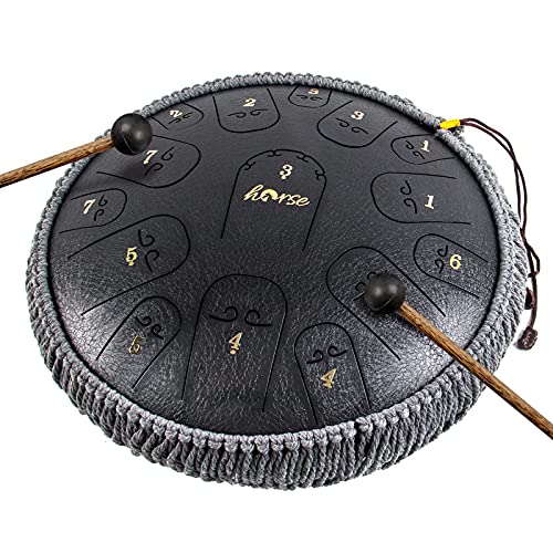 Zungentrommel,Horse 14 Zoll 15 Töne Steel Drum Stahlzungentrommel Steel Tongue Drum Tank Drum C Key Percussion Kit mit Drum Mallets Note Sticker Finger Picks Mallet Halterung und Tragetasche