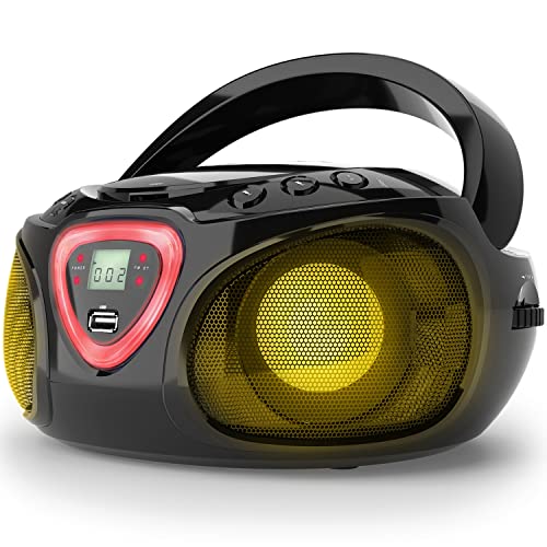 auna Roadie - CD-Radio, Stereoanlage, Boombox, USB, MP3, UKW-Radiotuner, Bluetooth 2.1, LED-Beleuchtung, 2 x 1,5 W RMS-Leistung, Netz- und Batterie-Betrieb, schwarz