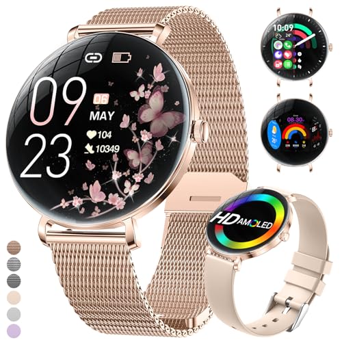 LIGE 2025 Smartwatch Damen, 1,43' HD AMOLED Kreisbogen Display Roségold Armbanduhr für Frauen mit Schrittzähler, Telefonfunktion, IP68 Wasserdicht 120+ Sportmodi Sportuhr für Andriod iOS, 2 Armbändern