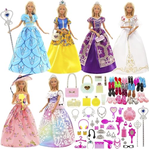 Miunana 55 Prinzessin Kleider Kleidung Schmuck Zubehör Puppenkleidung Party Abendkleider für Puppen = 6 Abendkleider 10 Schuhe 39 Zubehör für Puppen