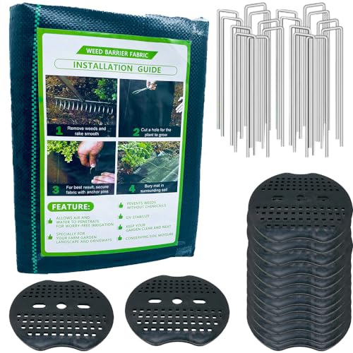 Fycooler 20m² Unkrautvlies Gartenvlies gegen Unkraut – Unkrautfolie Wasserdurchlässig – Reißfestes Unkrautflies 90g/m² – Hohe UV-Stabilisierung (10mx2m-Gefaltet)-mit 15 Erdanker & 15 Pufferscheibe