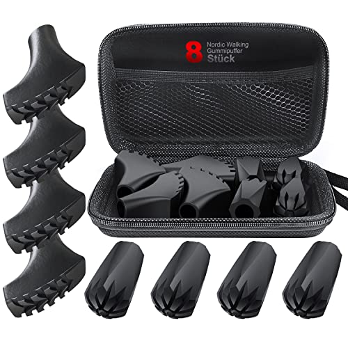 8 Stück / 4 Paar Nordic Walking Pads, Trekking Gummipuffer mit Reiseetui für Alle Gängigen Nordic Walking Stöcke - Wanderstöcke - Trekking Stöcke - Wanderstöcke Aufsätze mit Durchmesser Von 10mm