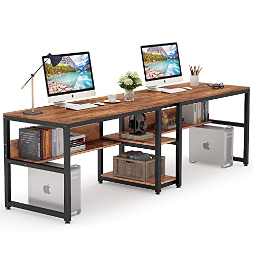 Tribesigns Schreibtisch, Computertisch mit Regalen, 200 cm Doppelschreibtisch, Bürotisch für Zwei Personen, rustikaler Langen Schreibtisch mit Ablage für Heimbüro, Vintagebraun-Schwarz