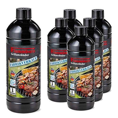 FLAMMBURO (6 Liter) Grillanzünder 1000 ml direkt vom Deutschen Hersteller, Flüssiganzünder 1L, Anzünder flüssig 1 L - DIN-zertifizierte Qualität Made in Germany - 6 x 1 Liter = 6 Liter