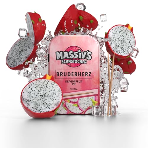 Massiv's Zahnstocher - Zahnstocher mit Geschmack – BRUDERHERZ Dragonfruit Ice – 100 aromatisierte Zahnstocher – frischer Atem – stylische Metalldose – vegan, zuckerfrei, kalorienfrei