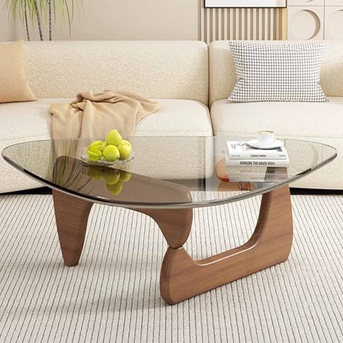 JGJSQYY Triangular Glass Coffee Table, Living Room Table, Modern Solid Wood Side Table and Vintage Tempered Transparent Glass Top, Sofa Table for Couch, Bedroom, Living Room, Balcony