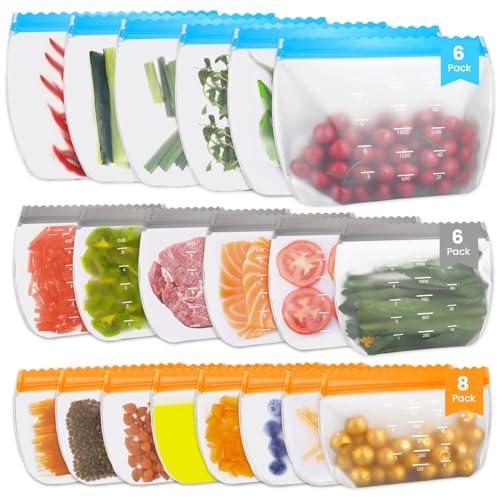 Cexovo 20 Stück Gefrierbeutel,Wiederverwendbar Silikonbeutel Stand Boden Design Zipper Lebensmittel-Beutel für Aufbewahrung von Gemüse Früchten Snacks Sandwich Lebensmittel Beutel für die Reise