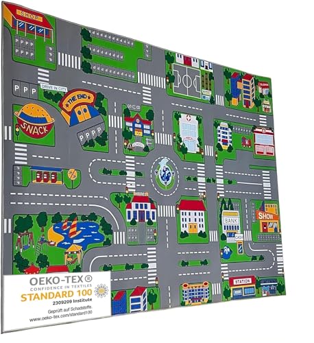 Entrando Spielteppich XXL Straße 133x190 cm - großer Auto Teppich für Kinder - rutschfest & schadstofffrei - Kinderteppich für Jungen mit Straßennetz & Stadtmotiv - maschinenwaschbar