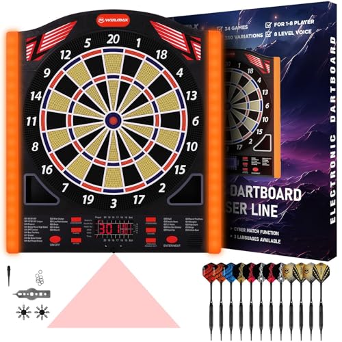 WIN.MAX Elektronische Dartscheibe Profi Set mit Laser Throw/Toe Line Marker mit Deutsche Stimme-Geeignet für Batterien/Adapter für 1 bis 8 Spieler mit 12 Darts (NEU)