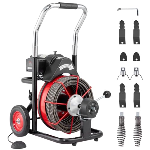 VEVOR Rohrreinigungsmaschine 100 Fuß x 1/2 Zoll, automatische Rohrreinigungsspirale auf Rädern, 550 W tragbare Rohrreinigungsmaschine mit 8 Schneidern und luftaktiviertem Fußschalter