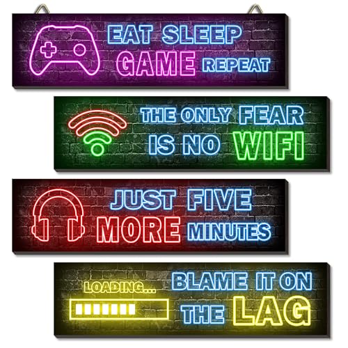 APOXYO 4 Stück Holzschild mit Spruch für Gaming,Holz Gaming Poster,Hängende Gaming Bilder,Wandbilder Set Wohnzimmer,Wandbilder für Playstation Zimmer Schlafzimmer.