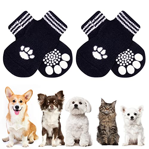 AUAUY Indoor Anti-Rutsch Socken für Hunde und Katzen, Pet Socken, Hundesocken Anti Rutsch Pfotenschutz und Traktion Dank Silikon-Gel 2 Größen für Kleine-Mittlere Tiere(Schwarz XS)