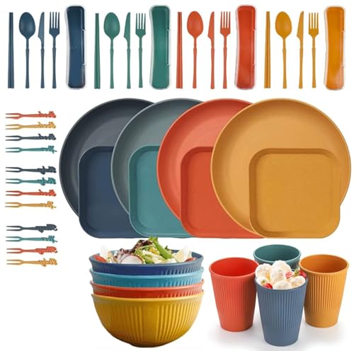 56 Teiliges Camping Geschirr Set für 4 Personen | Unzerbrechliches Plastikgeschirr mit Tellern, Schüsseln, Bechern & Besteck | Leicht, Bunt, Wiederverwendbar für Picknick, Grillen, Outdoor-Reisen