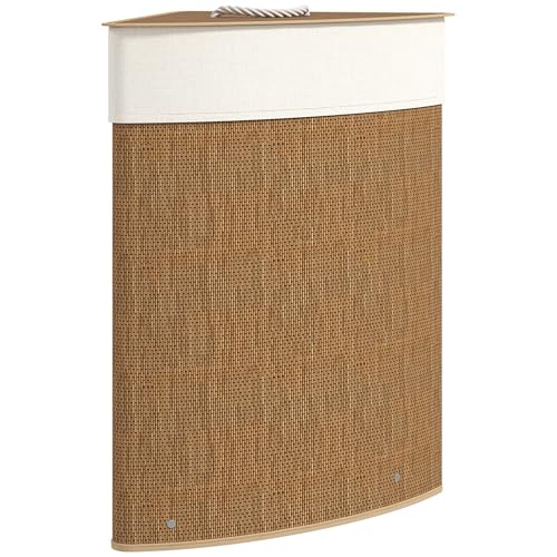 HOMCOM Bambus Wäschekorb mit Deckel 55 L Eck Wäschesammler mit herausnehmbarer Wäschesack, Wäschebox Laundry Baskets für Badezimmer Waschküche Schlafzimmer Braun