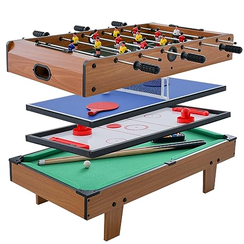 COSTWAY 4 in 1 Spieltisch, Billardtisch & Tischtennistisch & Air Hockeytisch & Tischkicker, Multifunktionsspieltisch aus Holz, perfekt für Spielzimmer, Bars, Partys, für Kinder und Erwachsene