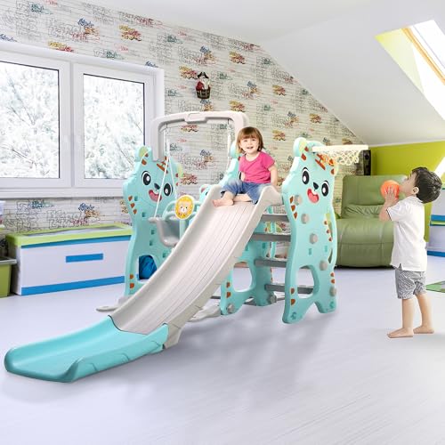 Baby Vivo Kinderschaukel Schaukelgerüst mit Rutsche - Gartenschaukel und Spielturm für Kinder - Indoor & Outdoor Spielplatz in Türkis/Grau