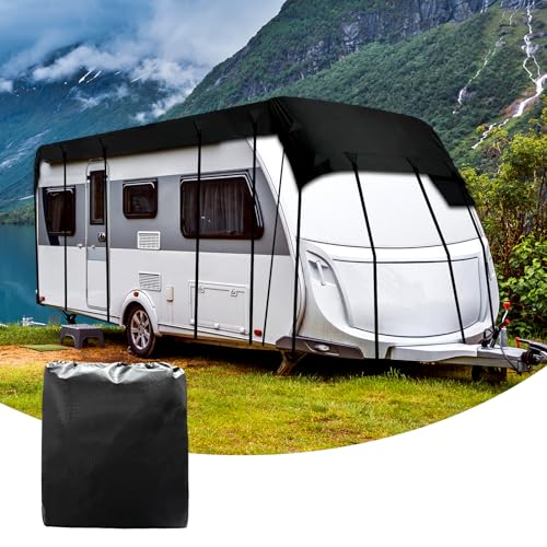 Wohnwagen Schutzhülle Wasserdicht, Universal 210D Wohnwagen Abdeckung, Atmungsaktive Wohnmobilabdeckungen Frost UV Protector Abdeckplane Wohnwagen Schutzdach mit Einziehbaren Riemen für Camper Reisen