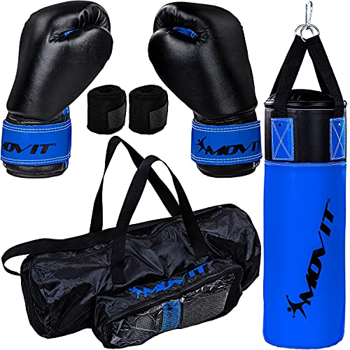 MOVIT® Boxsack-Set 5,5kg, gefüllt, inkl. Boxsack, (Höhe 60cm x Durchmesser 20cm), 8 oz Boxhandschuhe, Boxbandagen und Tasche, für Kinder und Jugendliche, Boxing Boxen, blau-schwarz