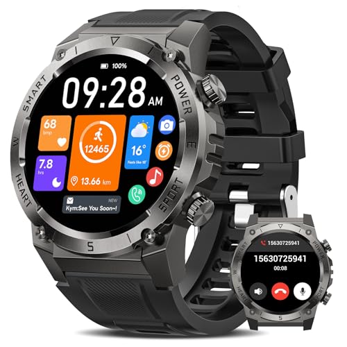 2025 NAIXUES Smartwatch Herren mit Telefonfunktion, 500mAh Akku Militär Smart Watch 1.46' Fitnessuhr 24/7 Herzfrequenz/SpO2/Schlafmonitor, 110+ Sportmodi IP68 Wasserdicht Sportuhr iOS Android, Schwarz