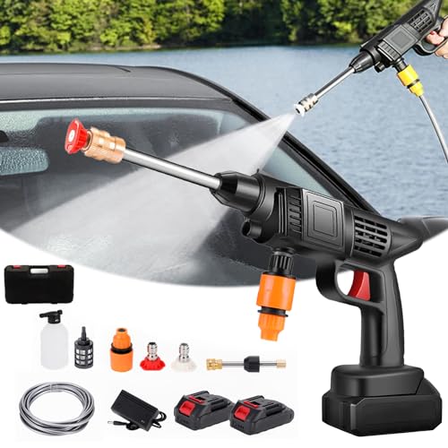 Hochdruckreiniger, 60bar Akku Hochdruckreiniger für Auto, 1800w Tragbarer Handgehaltene Autowaschpistole, 5.2m Schlauch und Zubehör mit 2 Akku, Hochdruckreiniger für Auto, Terrasse (Schwarz)