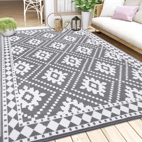 Enyhom Groß Outdoor Picknickdecke, 240x300cm Tragbar Leichtgewicht Balkonteppich Wendbar Recycelter Kunststoff Teppich Wasserabweisend RV Camping Außenteppich für Terrasse Garten, Grau