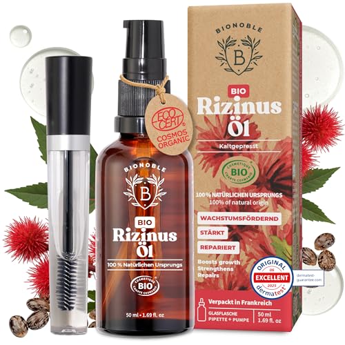 Bionoble Rizinusöl Bio 50ml - 100% Rein, Natürlich, Kaltgepresst - Wimpern, Augenbrauen, Haare, Nägel - Vegan, Cruelty Free - Castor Oil - Glasflasche + Pipette + Pumpe + Mascara Kit