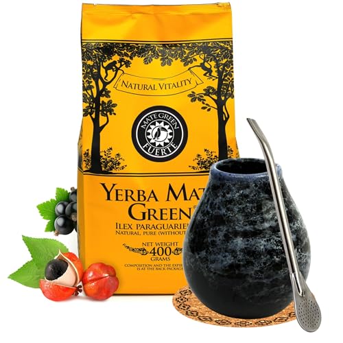 Yerba Mate Tee Starter Set mit Mate Green Fuerte 400g ● Keramik mate tee becher Marmol 350ml ● Brasilianischer Matetee mit Kräutern ● Edelstahl trinkhalm Bombilla Liza und Korkpad