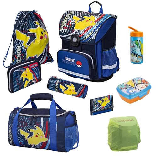 Pokémon Schulranzen für die 1. bis 4. Klasse · Ergonomisch, Kompakt, Leicht · Pokemon Schultasche mit Pikachu Motiv · Einschulungs-Set mit viel Zubehör (9-teiliges Set, Blau)
